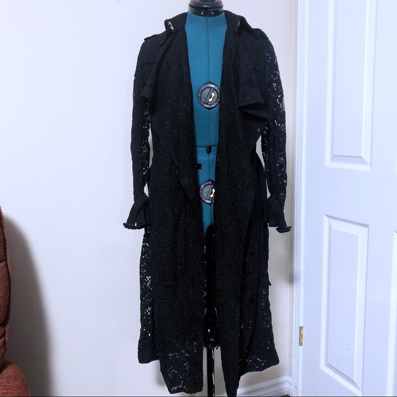 Black Lace Belted Trench Coat - Picture 2 of 12